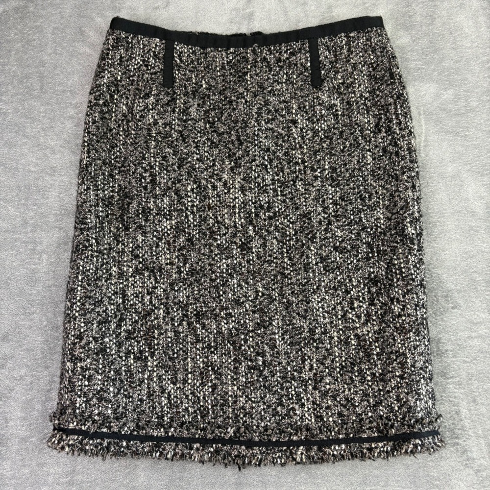 Talbots Womens 4 P Black White Wool Blend Tweed Skirt Career Business Fringe Hem
